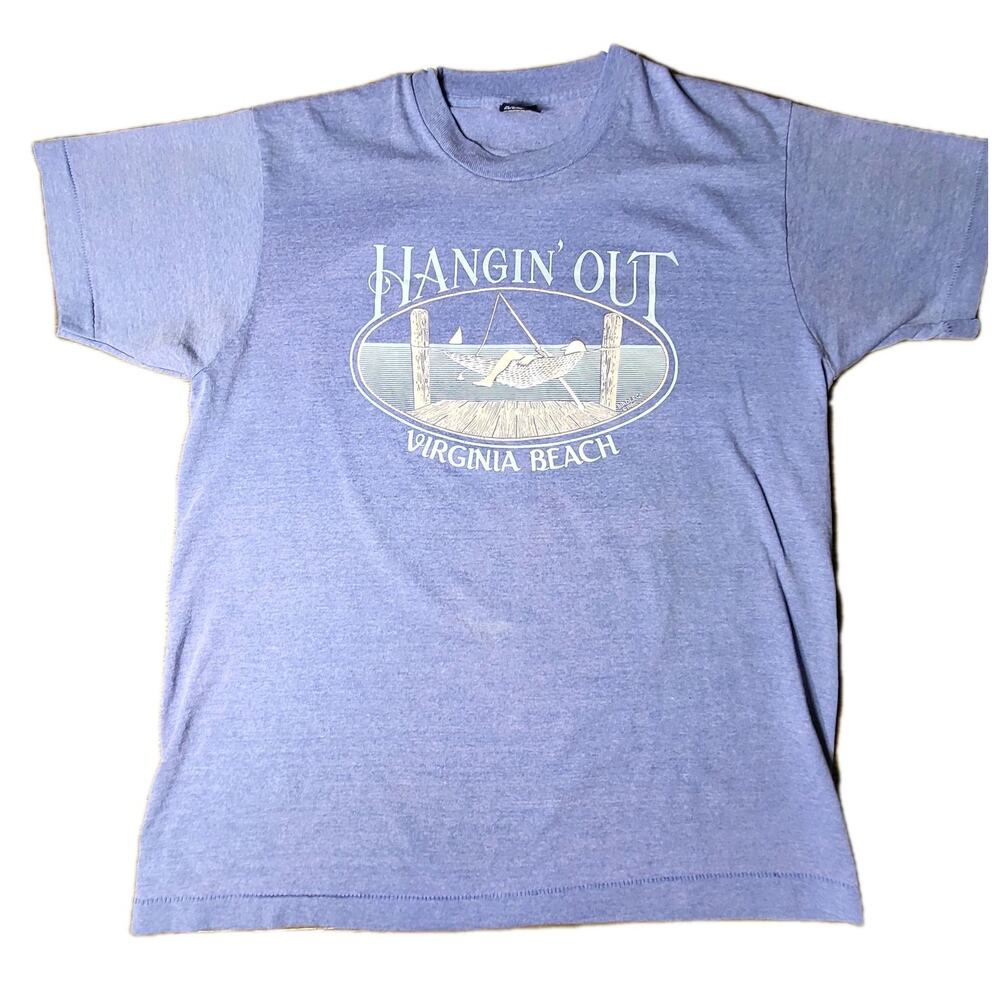Vintage SCREEN STARS Hangin' Out Virginia Beach Blue Single Stitch Tee Size XL